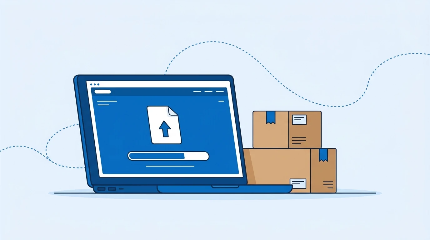 A laptop showing a document being uploaded, next to two parcel boxes