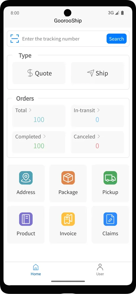GoorooShip mobile app showing quotes, orders, and tracking